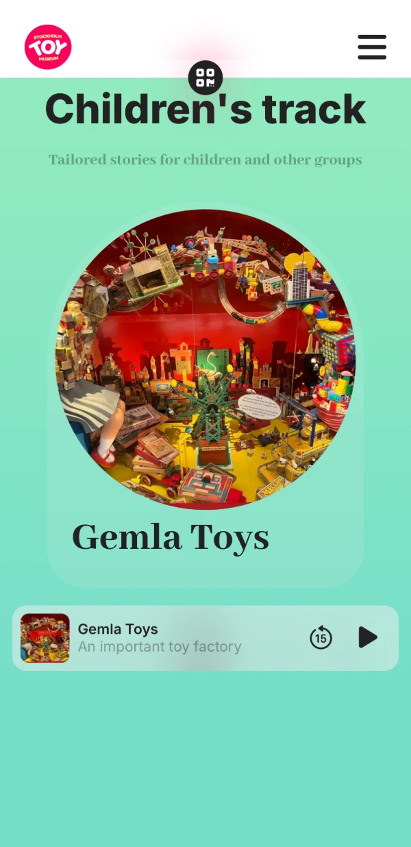 The Stockholm Toy Museum visitor app on a phone: a children's track with a tailored story and an audio player