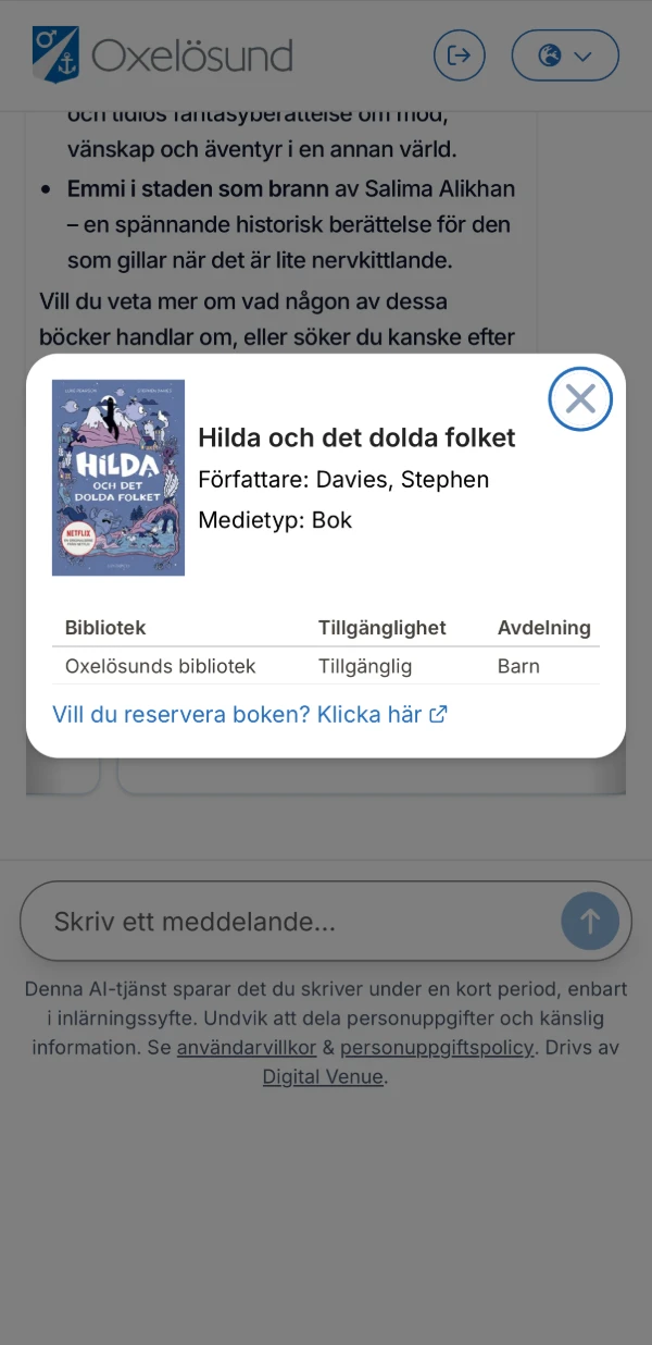 The Oxelösund library AI chat on a phone, showing a book with its availability