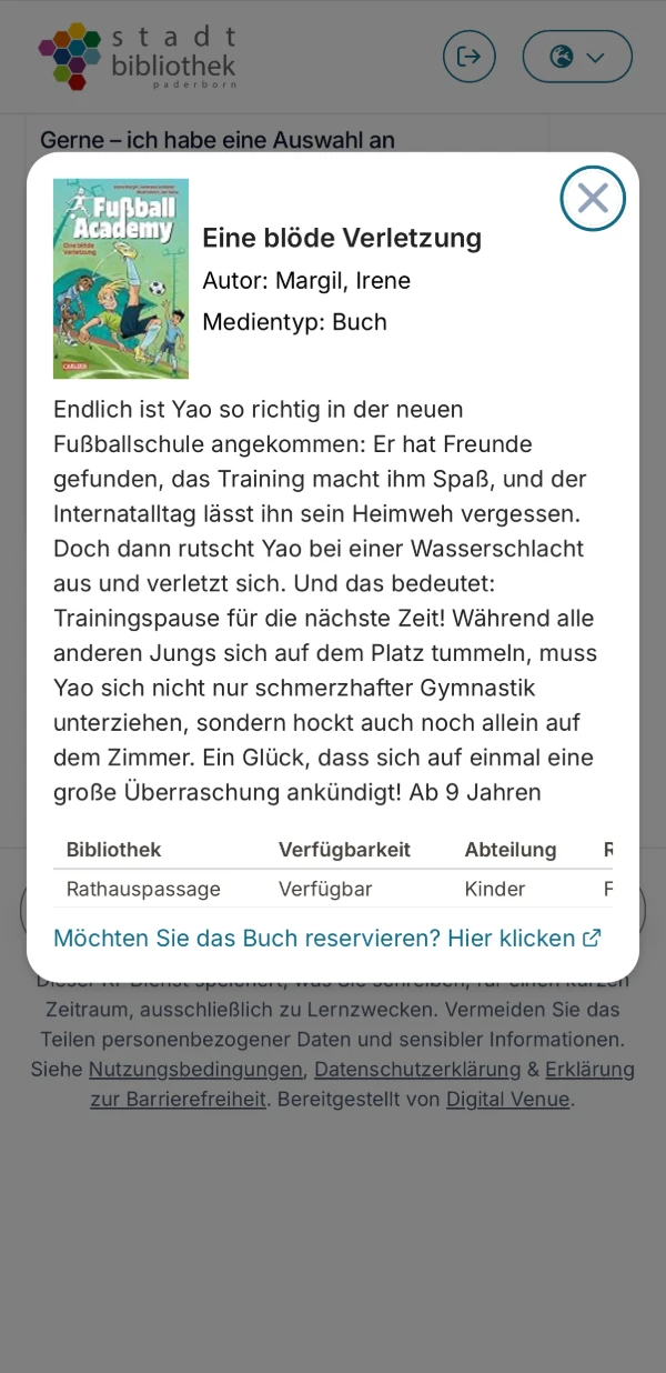 The Paderborn city library AI chat on a phone, showing a book with its availability