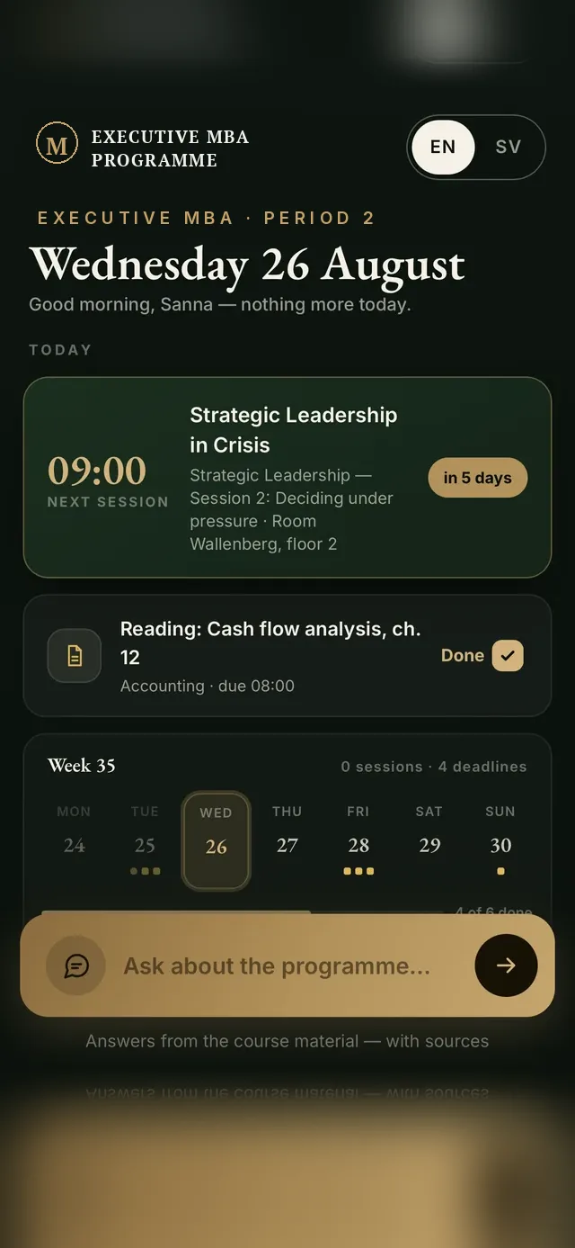 DEAN on a phone: the day's session, the open deadlines and the week