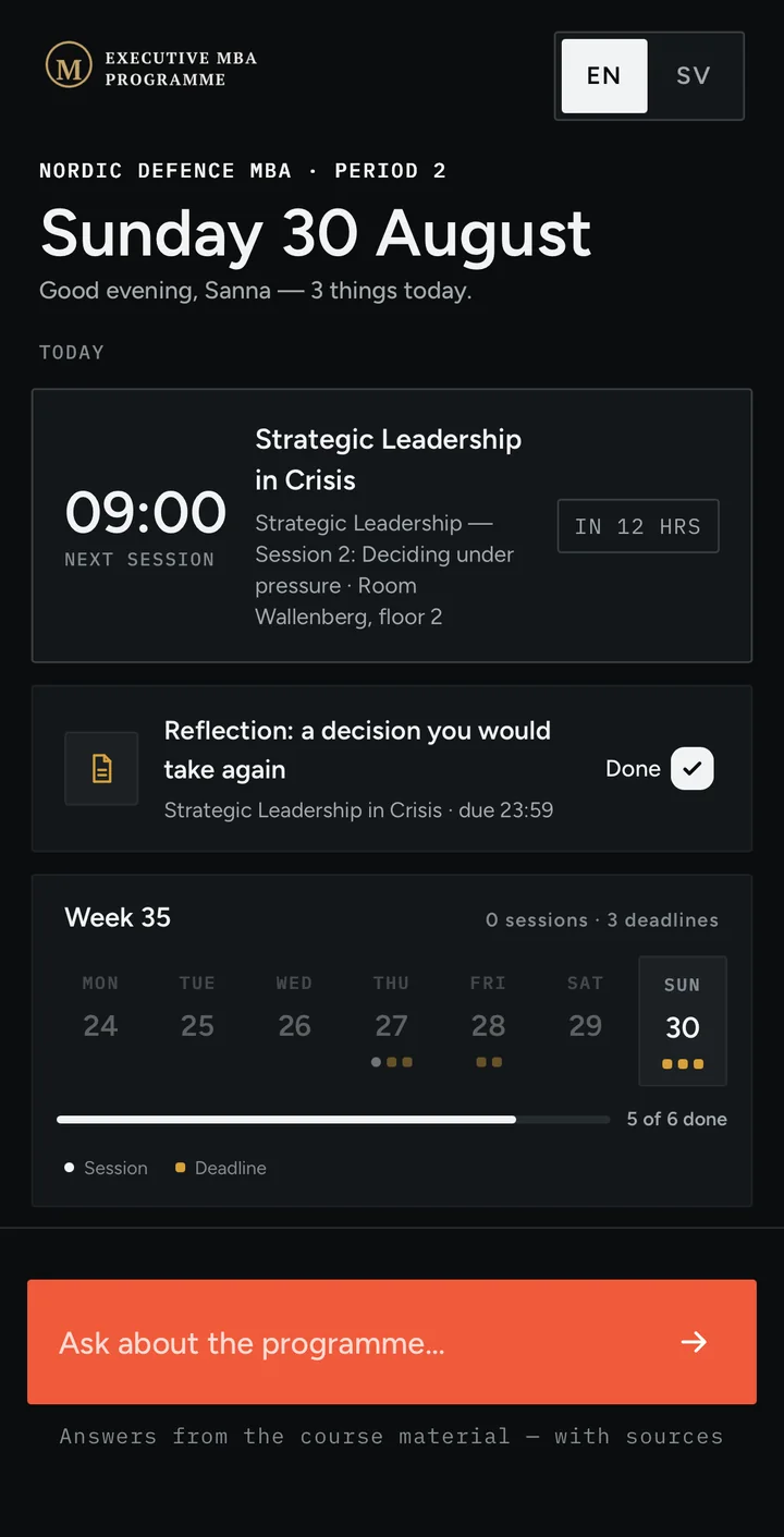 The study layer on a phone: the next session, a reflection marked done, and the week at a glance