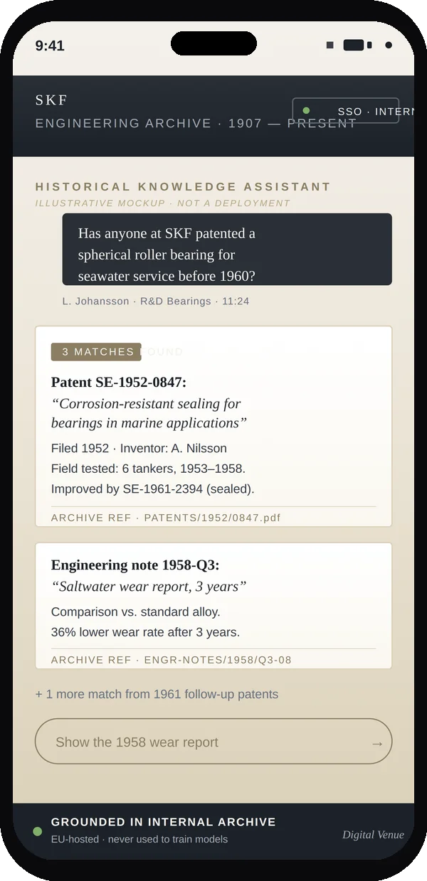 SKF corporate archive AI agent mockup